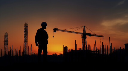 Fototapeta na wymiar silhouette of construction worker at golden hour