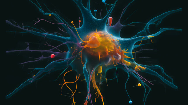 a magnified view of a neuron cell with different colored receptors and proteins,  Generative AI