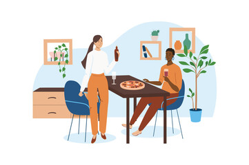 Interior blue concept with people scene in the flat cartoon style. Two friends decided to rest and arranged the dinner in a beautiful kitchen. Vector illustration.