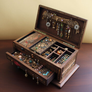 Bo&icirc;te &agrave; bijoux en bois avec ornements dans une chambre &raquo; IA g&eacute;n&eacute;rative