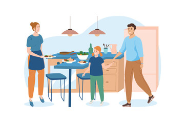 Interior blue concept with people scene in the flat cartoon design. Mother meets her family from a walk and wants to feed them a delicious lunch. Vector illustration.