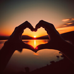 Heart shaped hands on the beach. Vacation concept. Generative AI.