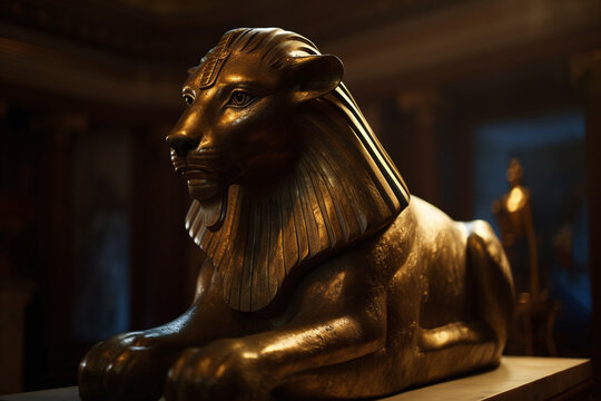Statue en or d'un lion au temps des pharaons &raquo; IA g&eacute;n&eacute;rative