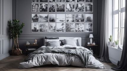 Stylish bedroom with a photo gallery wall and a comfortable bed. Generative AI