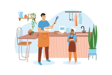 Kitchen blue concept with people scene in the flat cartoon style. Dad teaches his son to cook different tasty dishes. Vector illustration.