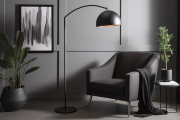 Fototapeta Salon de séjour design dans une ambiance gris foncée » IA générative obraz