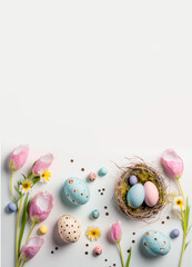Fototapeta na wymiar Easter banner template with Easter eggs and flower on light background. Greetings and presents for Easter Day in flat lay styling. generative AI