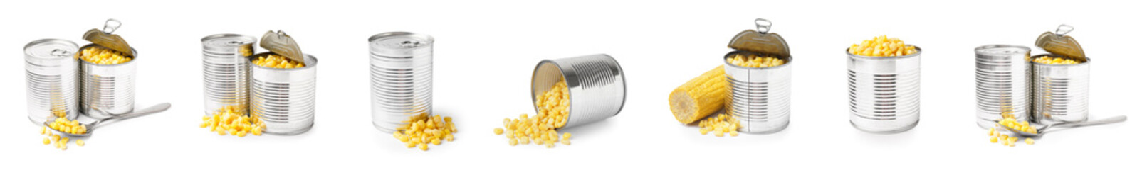 Set of canned corn on white background