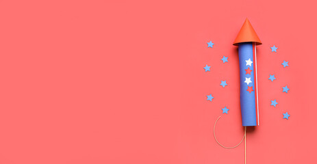 Firework rocket for USA Independence Day on red background with space for text