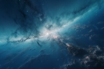 Fototapeta na wymiar Bright blue galaxy sky impacted by Big Bang, horizontal banner. Generative AI