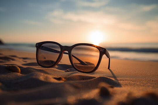 Lunettes de soleil sur le sable d'une plage au lever du soleil &raquo; IA g&eacute;n&eacute;rative