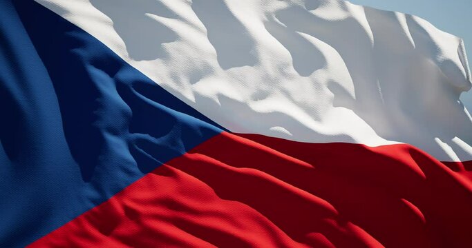 Close-up of the national flag of the Czech republic flutters in the wind on a sunny day , 4k slow motion
