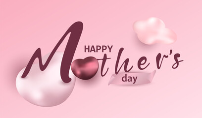 Happy Mothers Day vector background with red and white 3D heart. Invitation greeting card design.