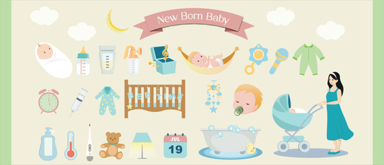Infant newborn baby and stuffs illustration set with isolated background