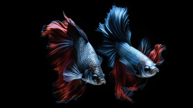 8k, realistic photo, high detailed, macro view, beautiful betta fish with pink white blue orange red gold green colours, underwater photography isolated on black background. Generative ai	
