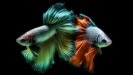 Fototapeta premium 8k, realistic photo, high detailed, macro view, beautiful betta fish with pink white blue orange red gold green colours, underwater photography isolated on black background. Generative ai 