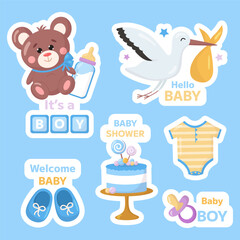 Vector baby shower stickers set for baby boy birthday day or baby shower party. Cartoon childish toy bear, kids booties, pacifier, bottle labels on blue background. Badges for event