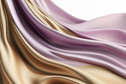 Sleek design with mauve & yellow waves on white background, 3D rendered with silk & gold textures. Generative AI