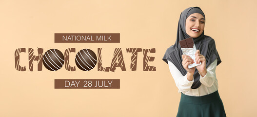 Banner for National Milk Chocolate Day with happy Arabian woman