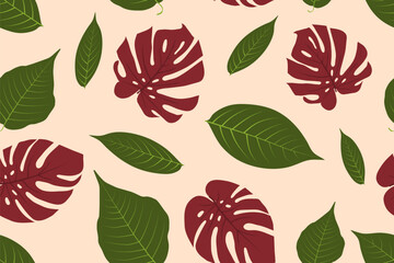 Beautiful exotic floral seamless pattern with purple-brown monstera deliciosa leaves on light brown background.