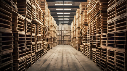 A warehouse with stacks of wooden pallets one Generative AI