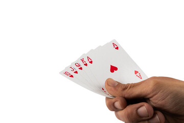 hand holding straight flush royal cards isolated