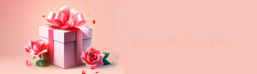 mother's day postcard with gift box with bow and roses on pink background, generative ai illustration