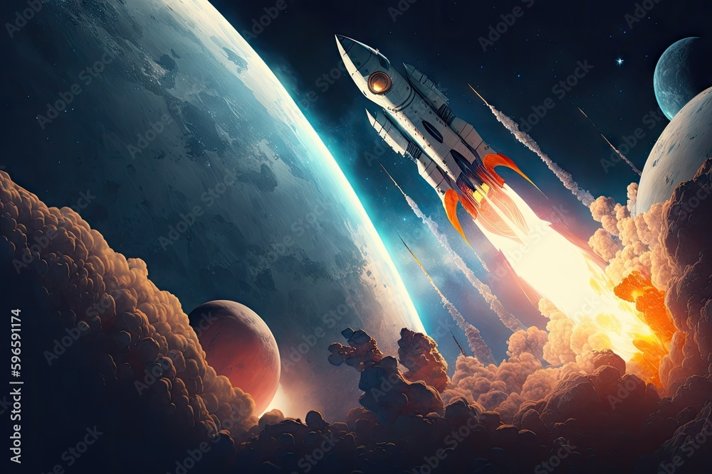 Wall mural rocket launching into space, with planet and stars in the background, created with generative ai