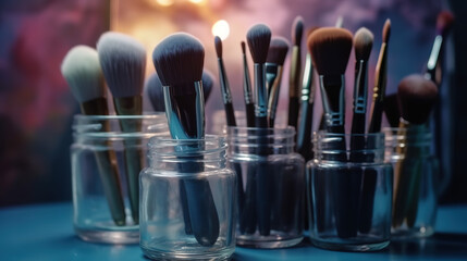 Makeup brushes in a glass on a pastel background - Generative AI