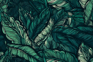 Jungle hand-drawn tropical foliar seamless pattern. Leaf illustration. Generated AI