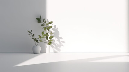 Minimalistic light background with blurred foliage shadow on a white wall - Generative AI