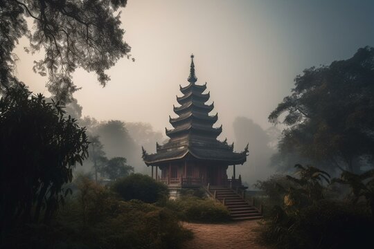 A misty morning at an old Buddhist temple with a pagoda, created with photographic artistry. Generative AI