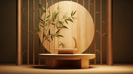 Modern, minimal round teak wooden table podium, green bamboo, and Chinese pattern design, Asian luxury, organic, beauty, cosmetic product display - Generative AI