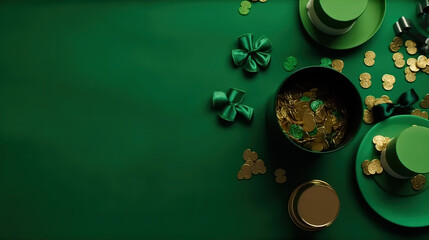Saint Patrick's Day concept. Top view photo of leprechaun cap present boxes pot with gold coins bow with Copy space - Generative AI