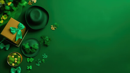 Naklejka na ściany i meble Saint Patrick's Day concept. Top view photo of leprechaun cap present boxes pot with gold coins bow with Copy space - Generative AI