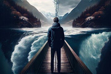 person, standing on bridge, with view of raging river below. visual representation of inner turmoil and struggle faced by person with mental disorder, created with generative ai - obrazy, fototapety, plakaty
