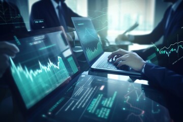 A businessman is working on a laptop computer, focusing on data analysis, business finance, and investment. The virtual screen displays financial graphs and stock exchange interfaces