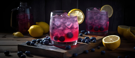 Obraz na płótnie Canvas Blueberry Lemonade. A sweet and sour lemonade spiked with blueberry vodka