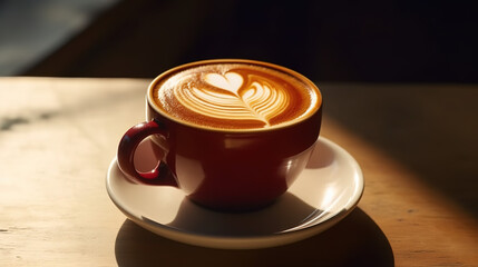 Beautiful heart shape latte art in a maroon red coffee cup, saucer on wooden table with empty space in sunlight in the cafe for love, relaxation, health, energy product background - Generative AI