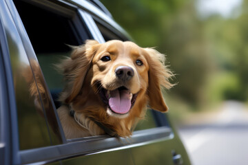 Happy dog with head out of the window in vintage camper car driving on scenic summer landscape. Generative AI