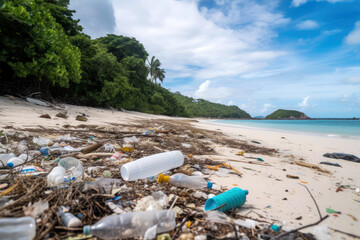 Beach polluted with garbage, litter and plastic waste, Generative AI