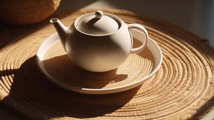 Top view of the modern, minimal, beautiful white ceramic teapot, teacup with a saucer on brown straw mat wooden tray - Generative AI