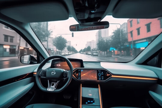 A self-driving car navigates the city with a view from inside. Generative AI