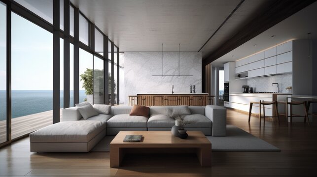Sea View Living Room Background. Contemporary Interior Design. Generative AI.
