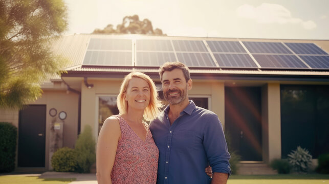 A happy couple stands smiling in the driveway of a large house with solar panels installed. Generative AI