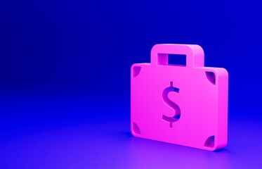 Pink Briefcase and money icon isolated on blue background. Business case sign. Business portfolio. Minimalism concept. 3D render illustration