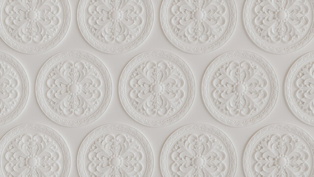 Elegant Light Ornate Pattern Wallpaper. White 3D Ornamental Background.