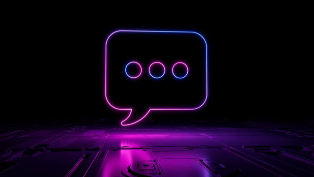 Pink and Blue Text Technology Concept with sms symbol as a neon light. Vibrant colored icon, on a black background with high tech floor. 3D Render