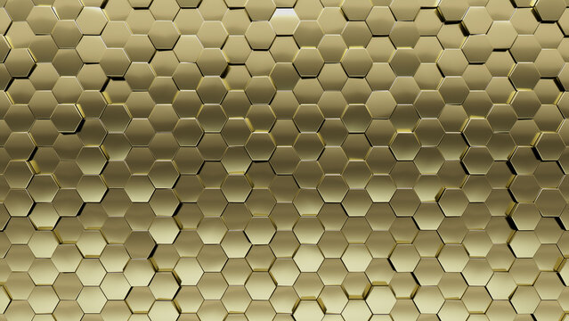 Glossy, 3D Wall background with tiles. Hexagonal, tile Wallpaper with Gold, Polished blocks. 3D Render