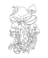 magic mushrooms and plants of different sizes, coloring for adults